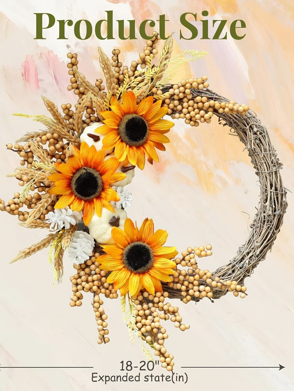 NIB 20" Sunflower White Pumpkin Fall Harvest Wreath Autumn Decor - Picture 2 of 7